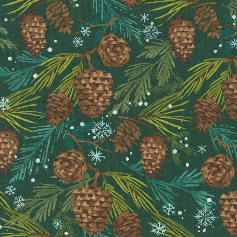 rustic pinecones dangling from evergreen branches accented with white dots and pale blue snowflakes on a spruce green background.