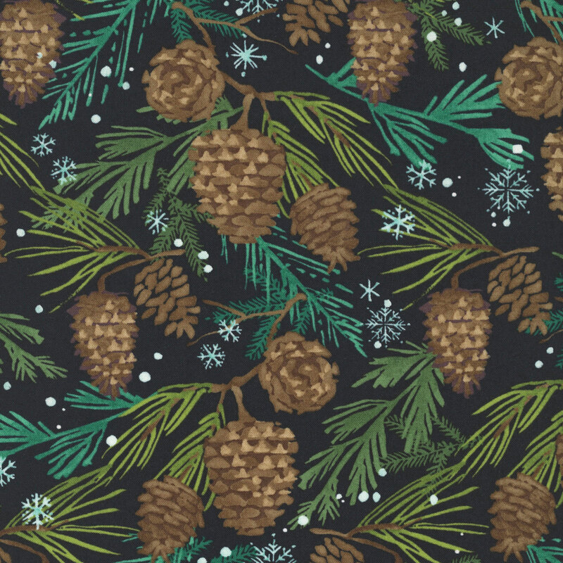 rustic pinecones dangling from evergreen branches accented with white dots and pale blue snowflakes on a black background.