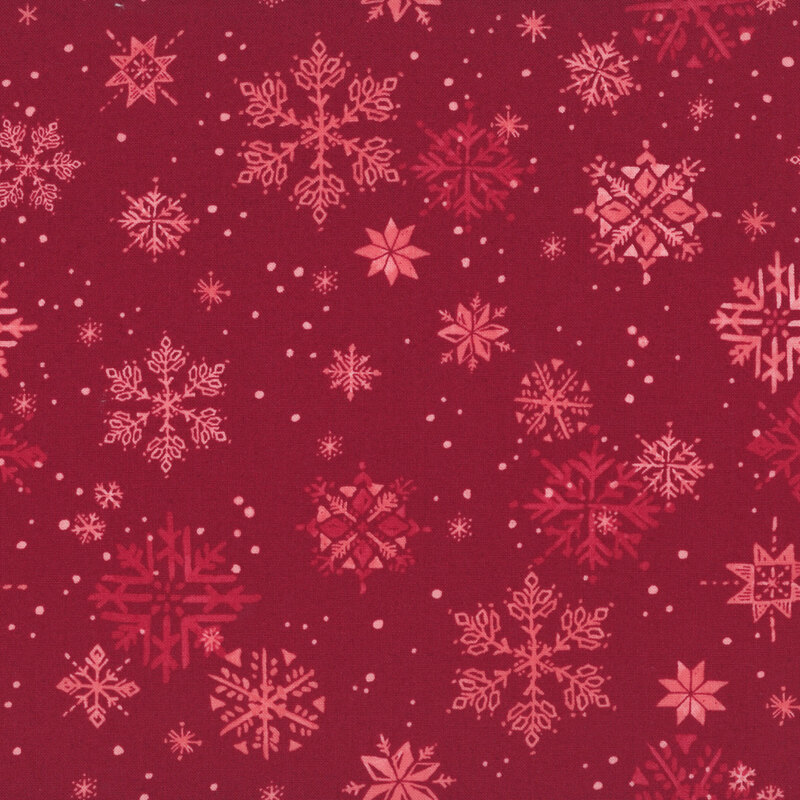 wine red fabric with tonal snowflakes and falling snowballs.