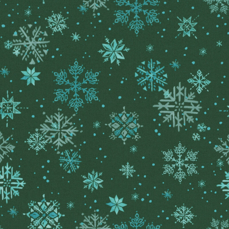 spruce green fabric with aqua hued snowflakes and falling snowballs.