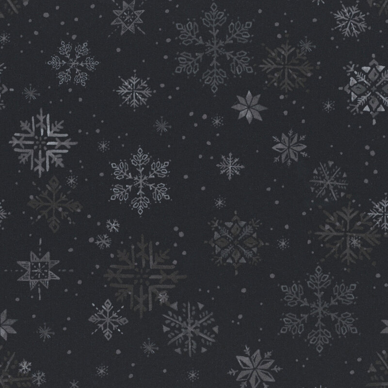 soft black fabric with tonal snowflakes and falling snowballs.