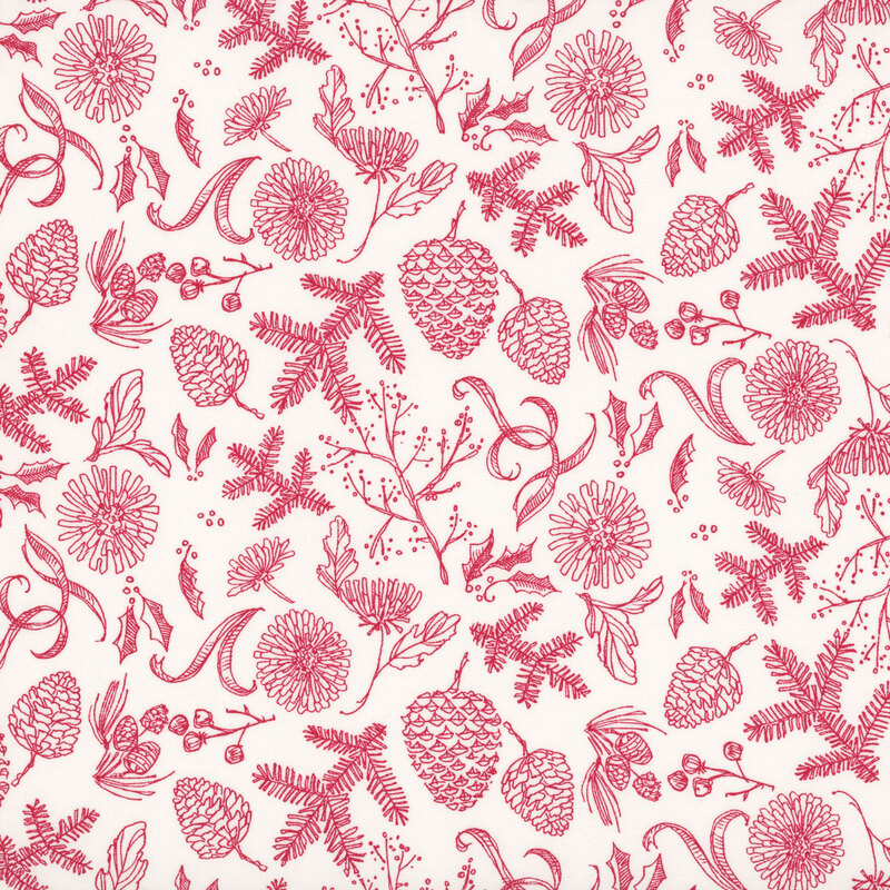 red evergreen sprigs, pinecones, holly with berries, and blooming mums on a white background.