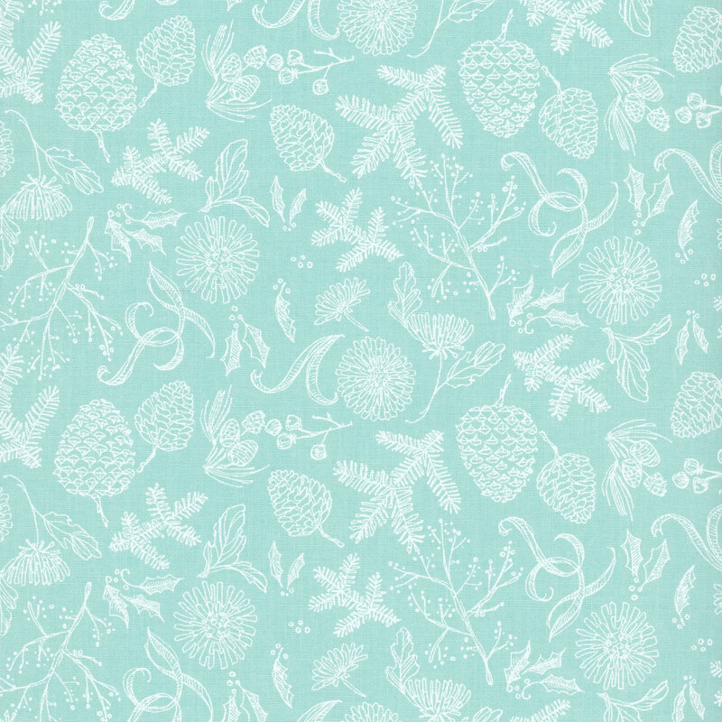 white evergreen sprigs, pinecones, holly with berries, and blooming mums on an aqua background.