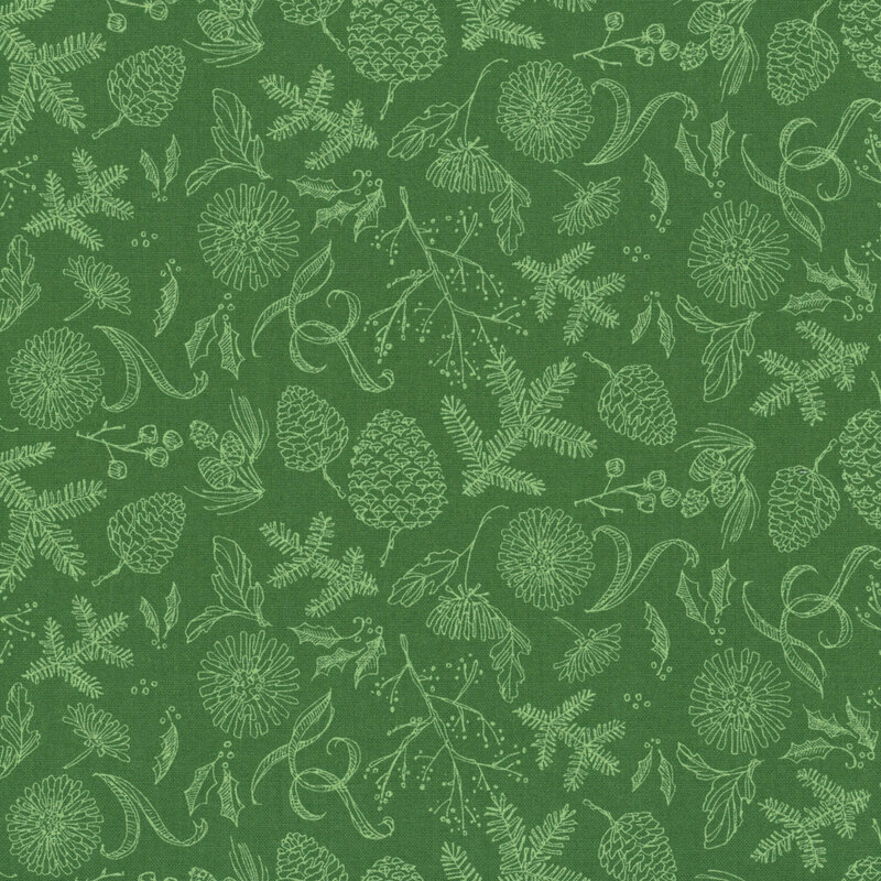 tonal evergreen sprigs, pinecones, holly with berries, and blooming mums on a leaf green background.