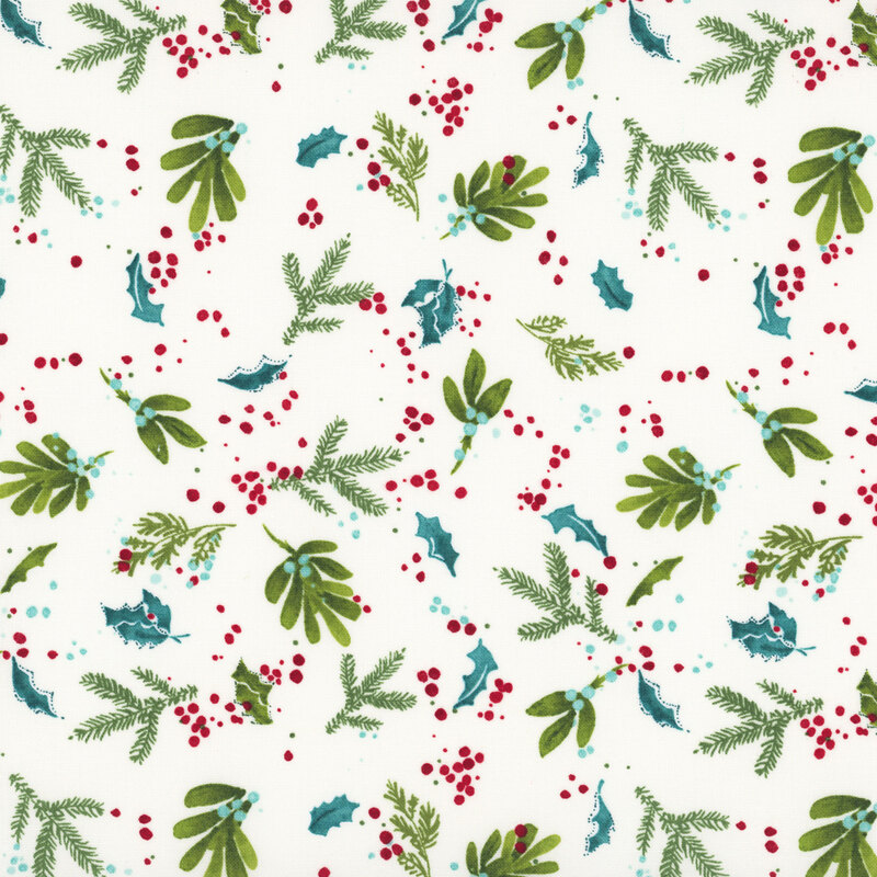 scattered sprigs of pine, evergreen, and holly leaves with textured splatter accents in hues of aqua, red, teal, and green on a white background.