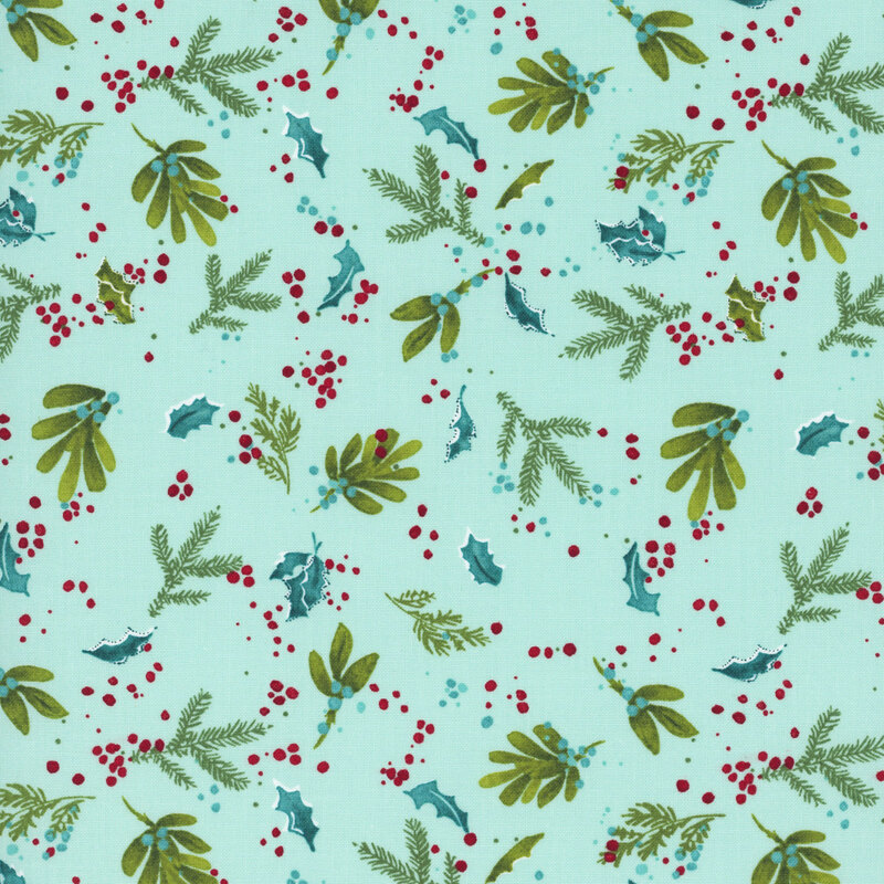 scattered sprigs of pine, evergreen, and holly leaves with textured splatter accents in hues of aqua, red, teal, and green on an aqua blue background.