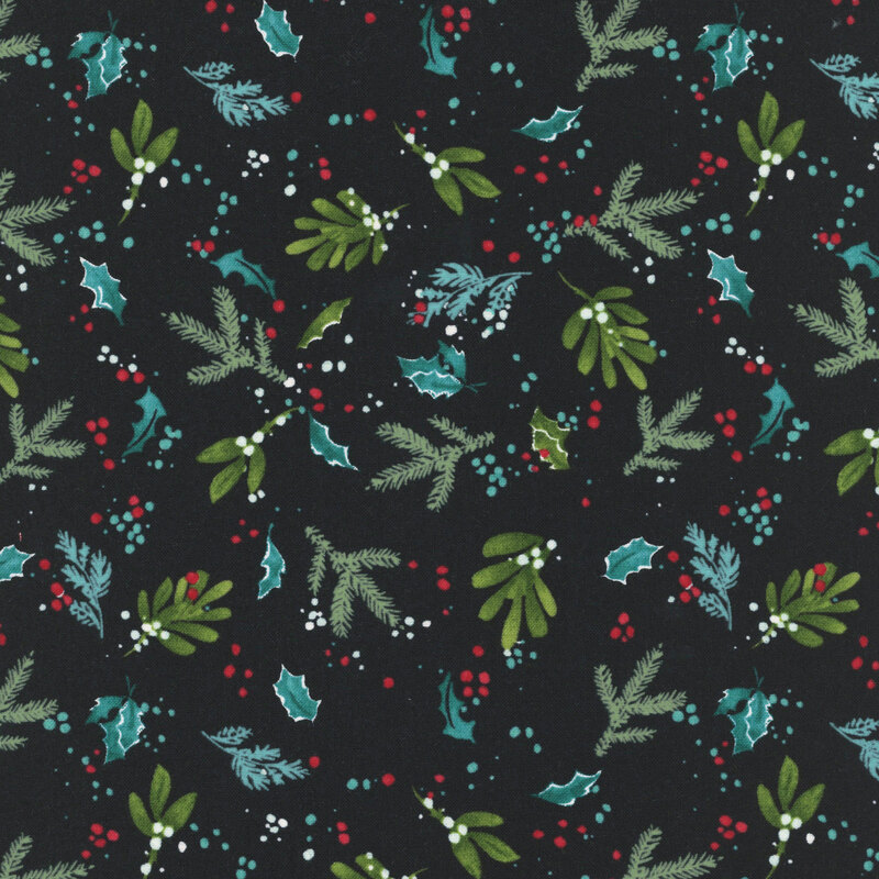 scattered sprigs of pine, evergreen, and holly leaves with textured splatter accents in hues of aqua, red, teal, and green on a black background.