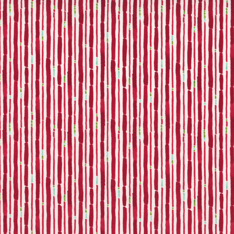 red irregular vertical stripes with pops of light green and pale aqua on a white background.