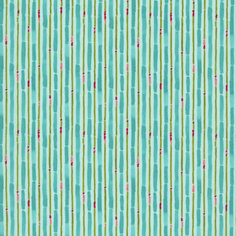 teal and green irregular vertical stripes with pops of red and pink on a ice blue background.