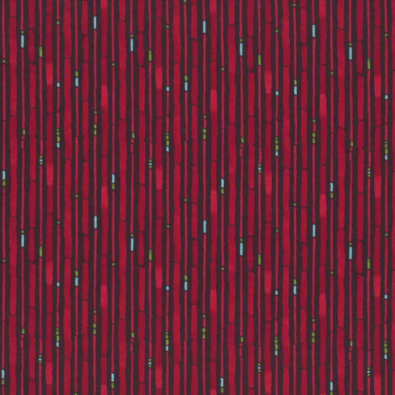 red irregular vertical stripes with pops of light green and blue on a black background.