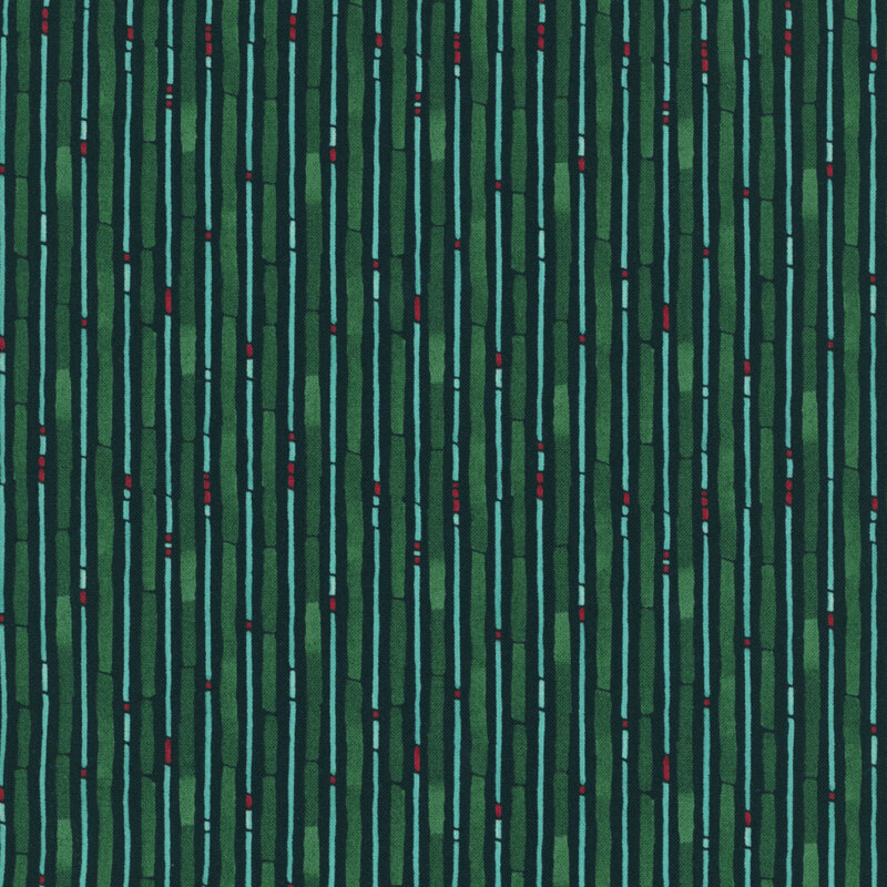 dark green irregular vertical stripes with pops of aqua and red on a dark spruce background.