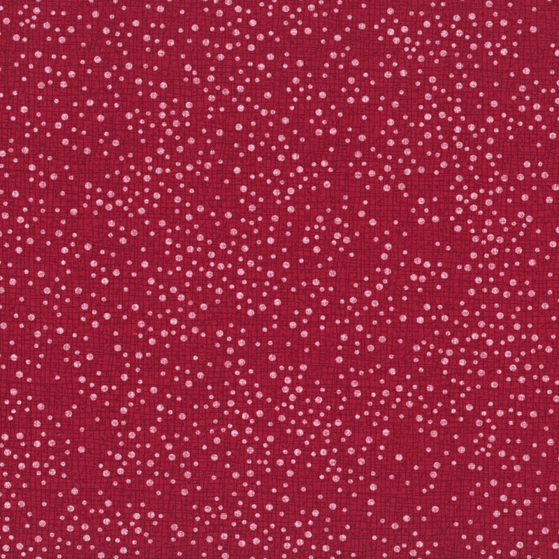 scattered white dots in varying sizes across a softly textured deep red background.