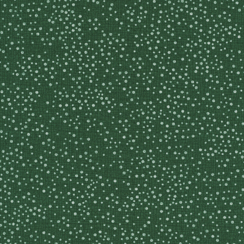 scattered white dots in varying sizes across a softly textured dark spruce background.