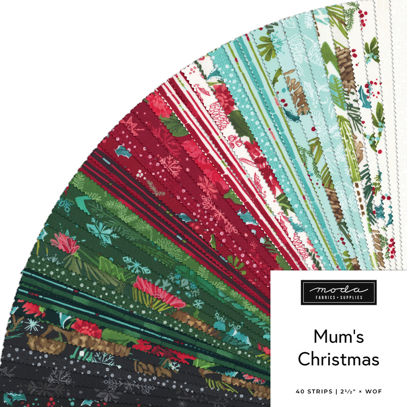 Fanned collage of christmas-themed fabrics from the Mum's Christmas Jelly Roll
