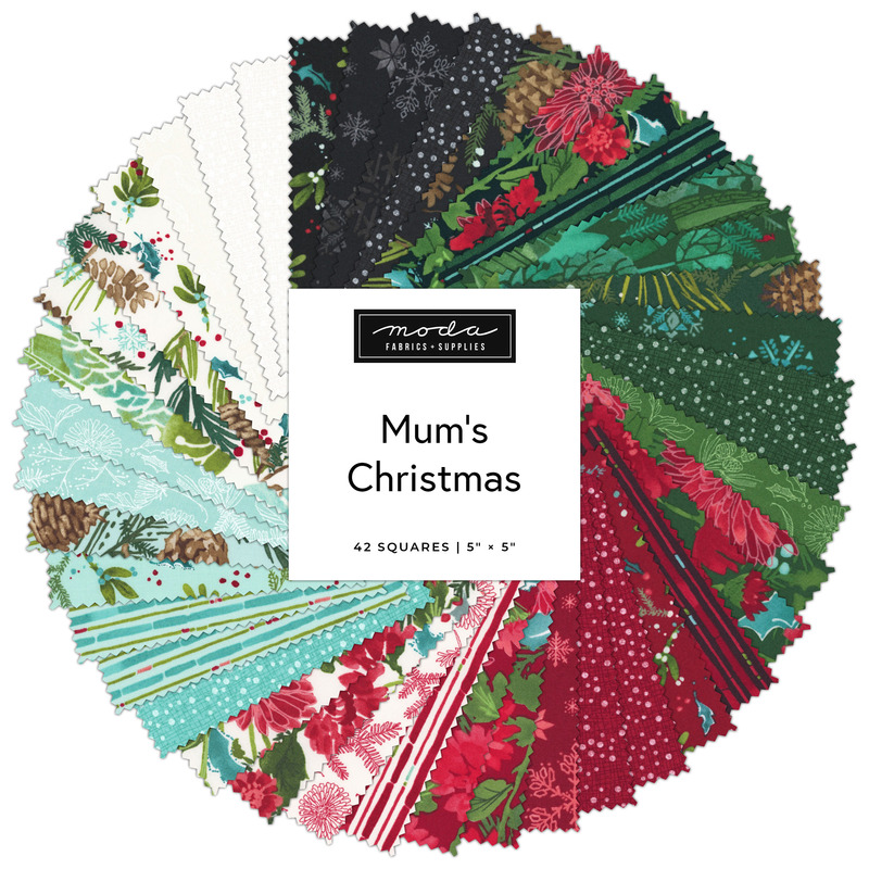 circular collage of christmas-themed fabrics from the Mum's Christmas Charm Pack