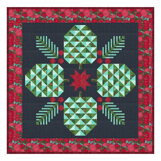 aqua and green geometric pinecone quilt with a centered sawtooth star and red floral border.
