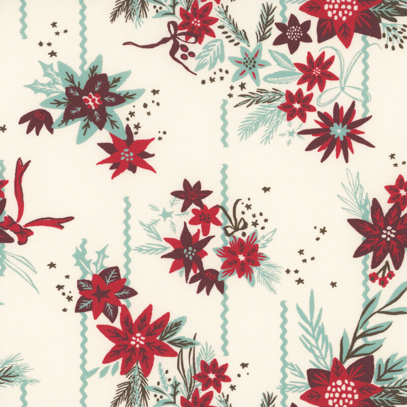 Cream fabric with bunches of red and aqua poinsettias, pine boughs, bows, stars, and waving lines.
