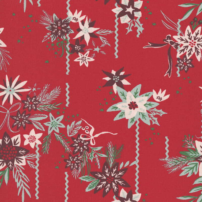 Christmas red fabric with bunches of red and aqua poinsettias, pine boughs, bows, stars, and waving lines.