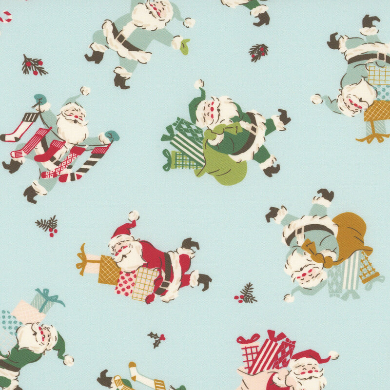 Ice-blue fabric with a tossed pattern of holly and pine sprigs with Santas holding presents and stockings.