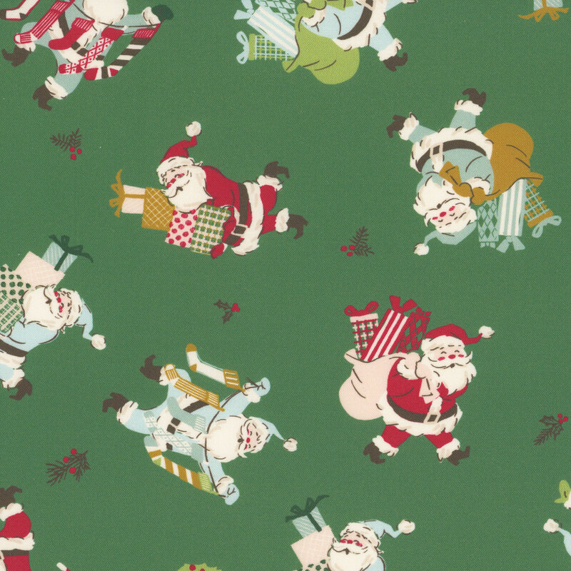 Pine green fabric with a tossed pattern of holly and pine sprigs with Santas holding presents and stockings.