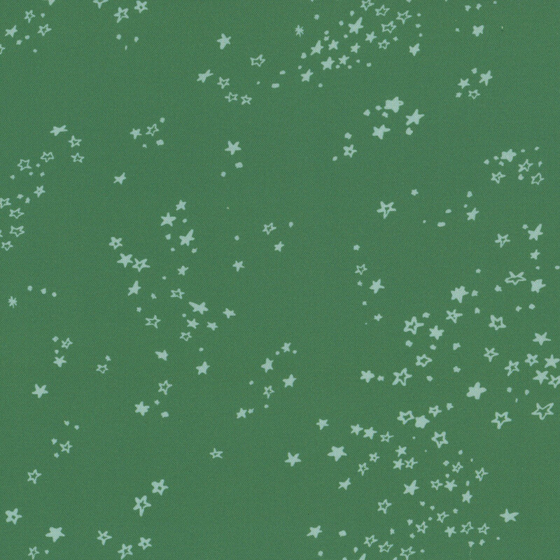 Pine green fabric with a scattering of ice-blue stars in various styles.