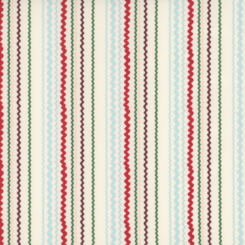 Cream fabric with a medley of natural, wavy, multicolored stripes.