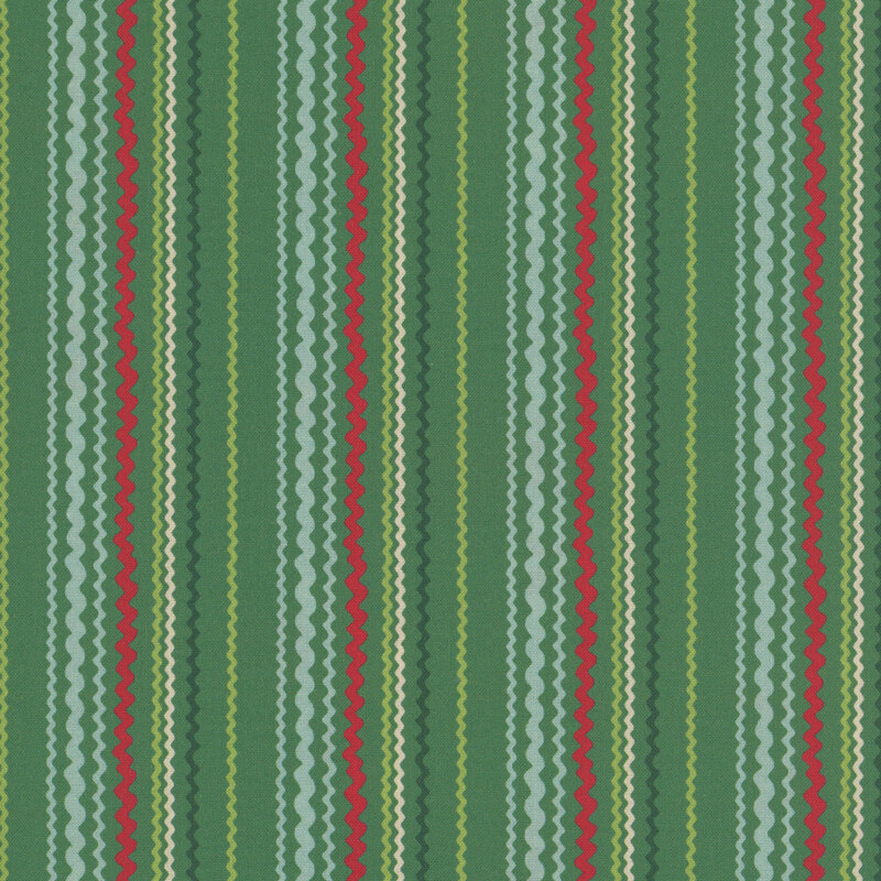 Pine green fabric with a medley of natural, wavy, multicolored stripes.