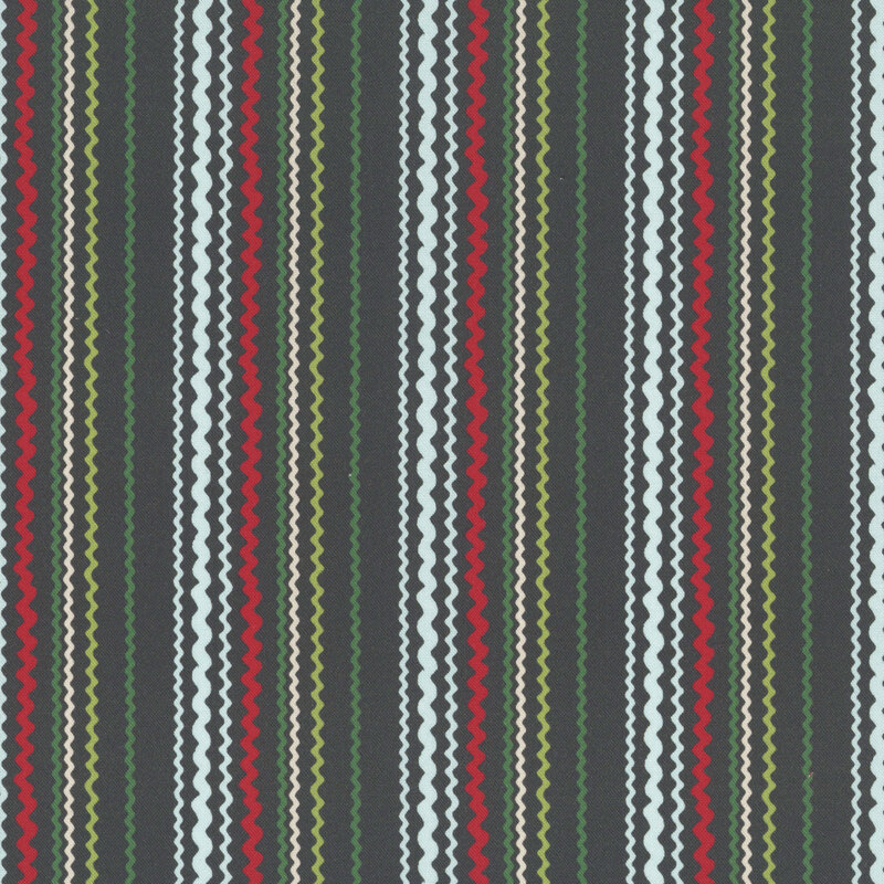 Soft black fabric with a medley of natural, wavy, multicolored stripes.