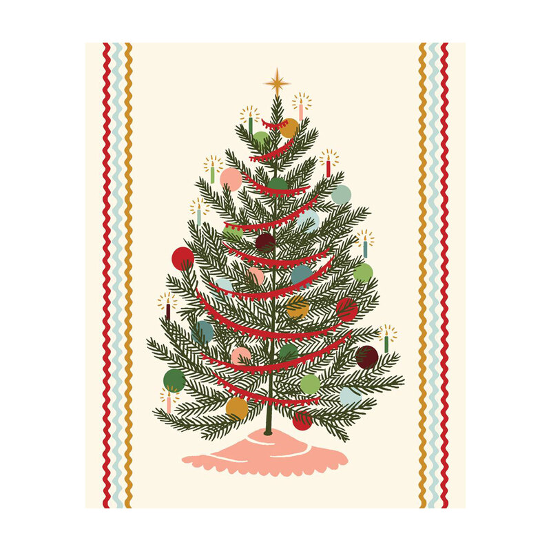 Cream fabric panel with a stylized Christmas tree adorned with a bright star, candles, ornaments, and streamers, bordered by wavy stripes.