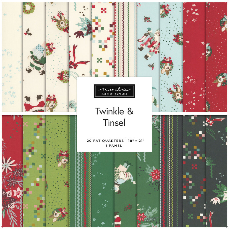 Digital collage of the Christmas and Santa fabrics in the Fat Quarter Bundle from the Twinkle & Tinsel fabric collection.