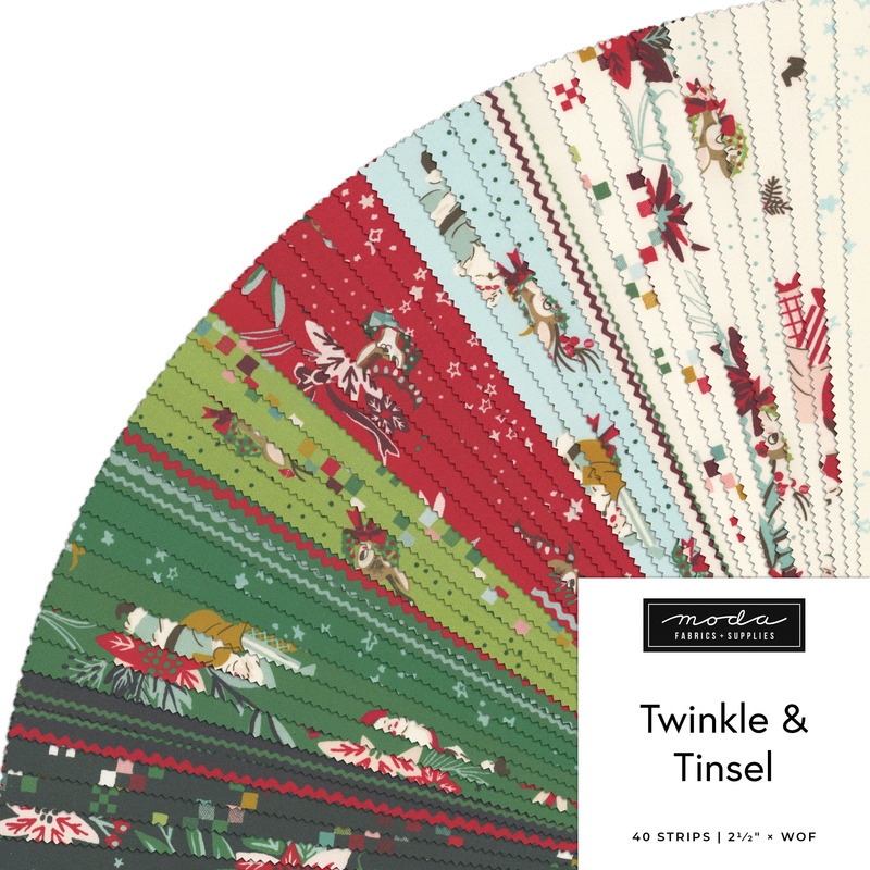 Digital fanned collage of the Christmas and Santa fabrics in the Jelly Roll Bundle from the Twinkle & Tinsel fabric collection.