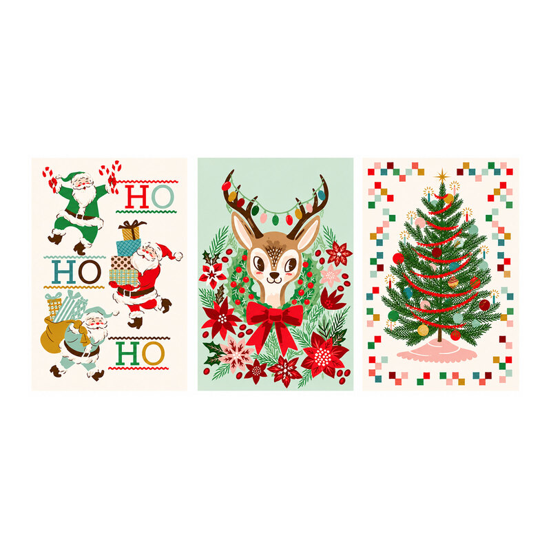 Digital mockup of the three piece Twinkle & Tinsel tea towel set with Santas saying ho ho ho, reindeer with poinsettias, and a Christmas tree.