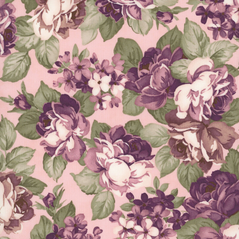 Pink fabric with a dense pattern of stylized florals.