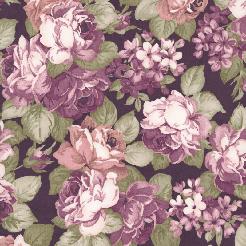 Purple fabric with a dense pattern of stylized florals.
