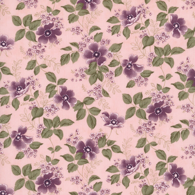 Pink fabric with a tossed pattern of stylized florals and leaves.