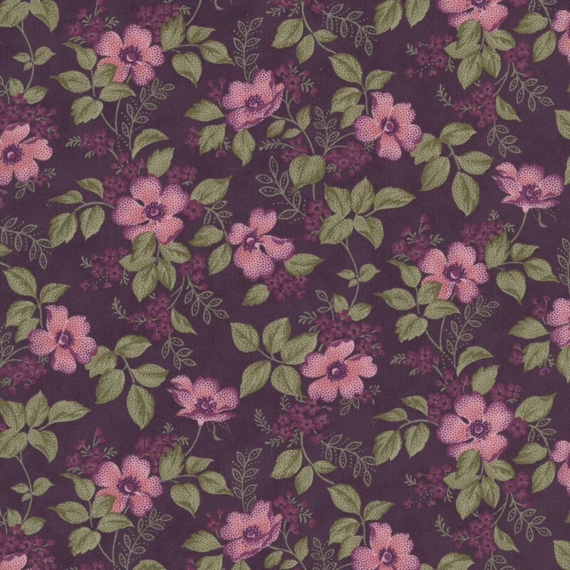 Purple fabric with a tossed pattern of stylized florals and leaves.