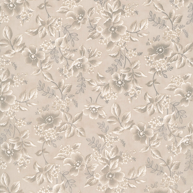 Gray fabric with a tossed pattern of stylized florals and leaves.