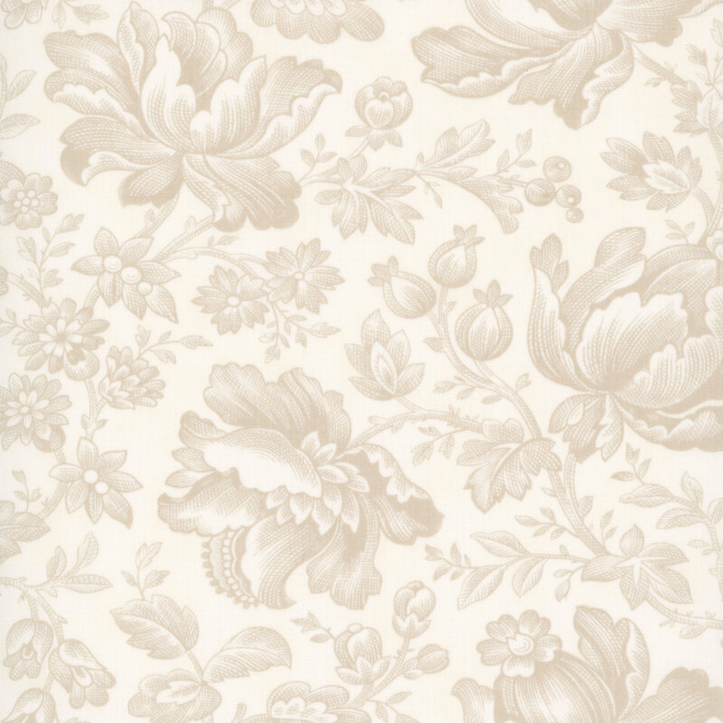 Cream fabric with a tonal pattern of stylized florals and leafy vines.