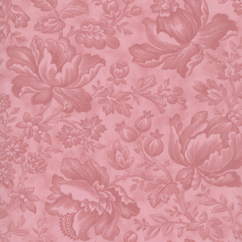 Pink fabric with a tonal pattern of stylized florals and leafy vines.