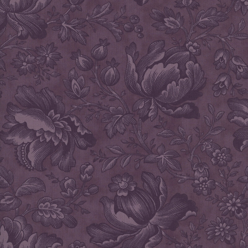 Purple fabric with a tonal pattern of stylized florals and leafy vines.