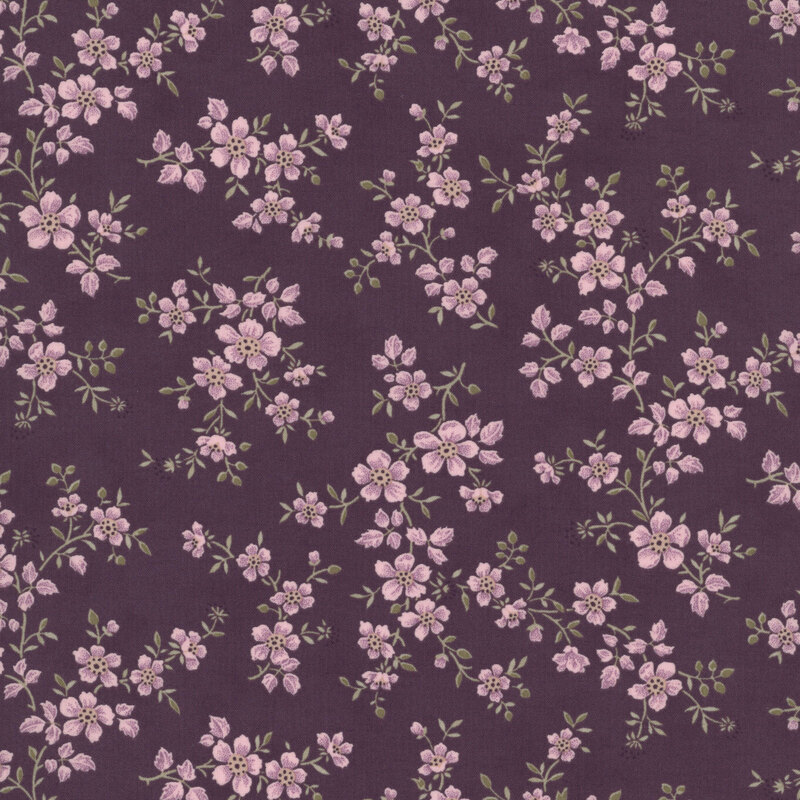 Purple fabric with a pattern of florals entwined with leafy vines.