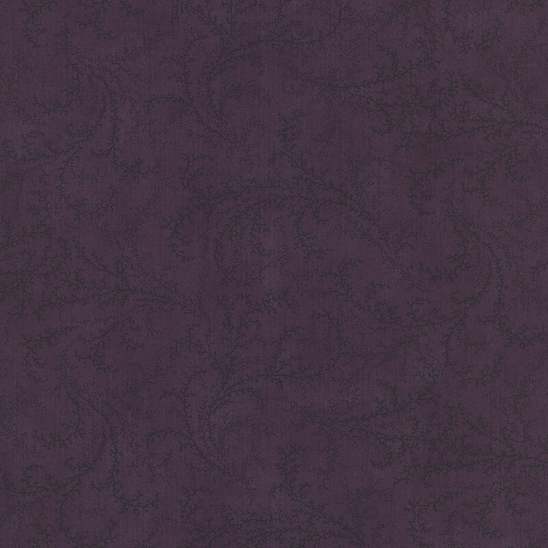 Purple fabric with a tonal pattern of swirling vines and dots.