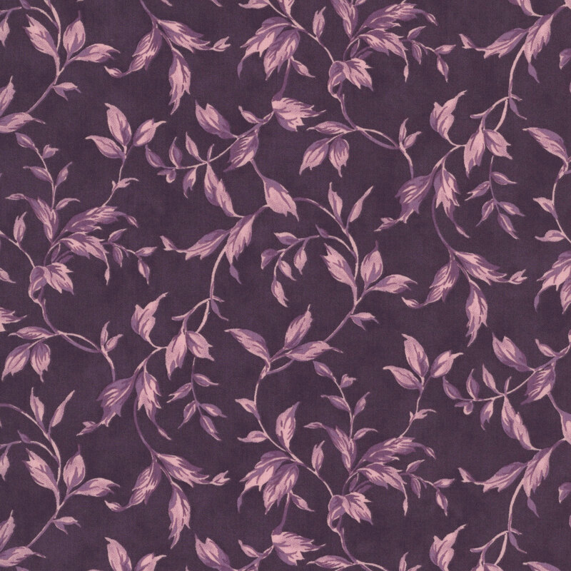 Purple fabric with a swirling pattern of vines and leaves.