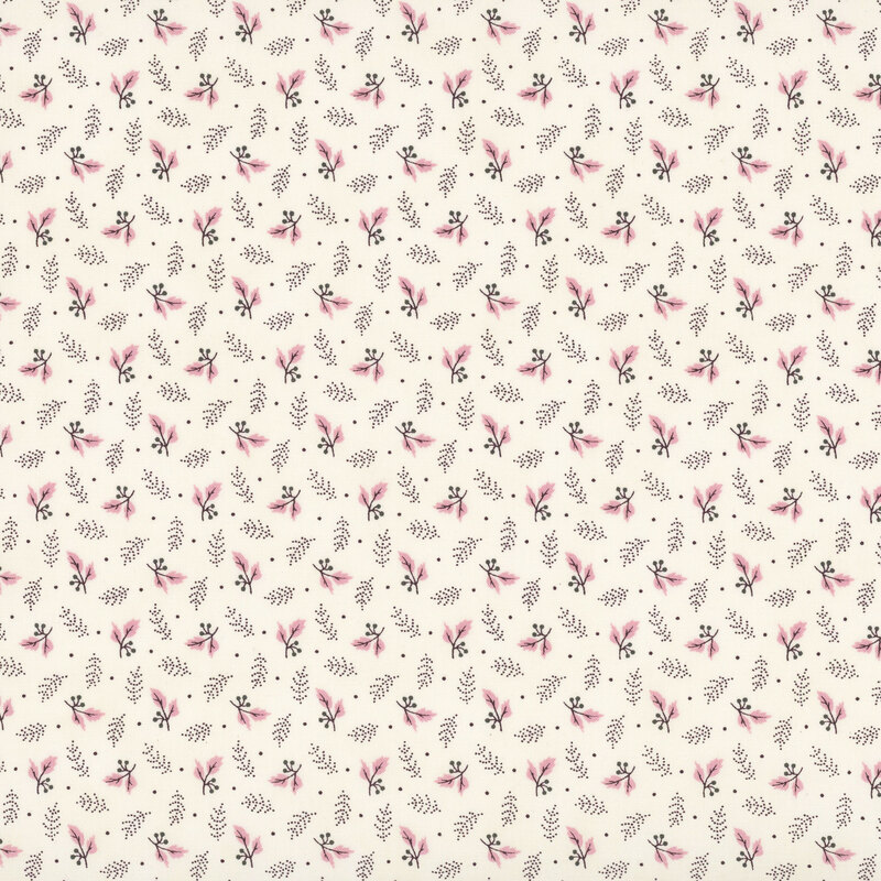 Cream fabric with a tossed pattern of stylized leaves.