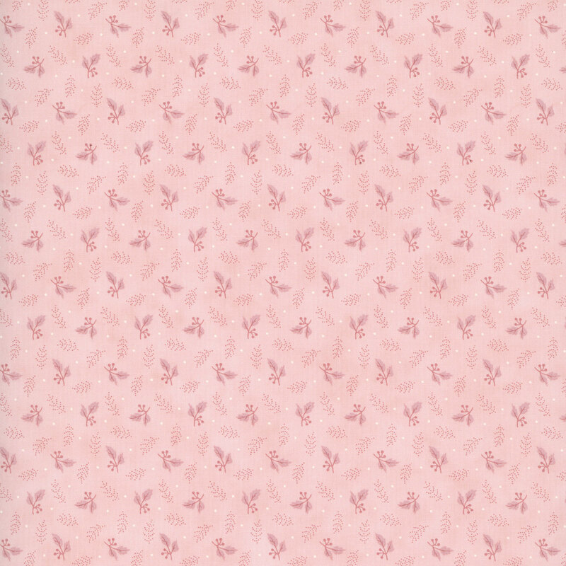 Pink fabric with a tossed pattern of stylized leaves.