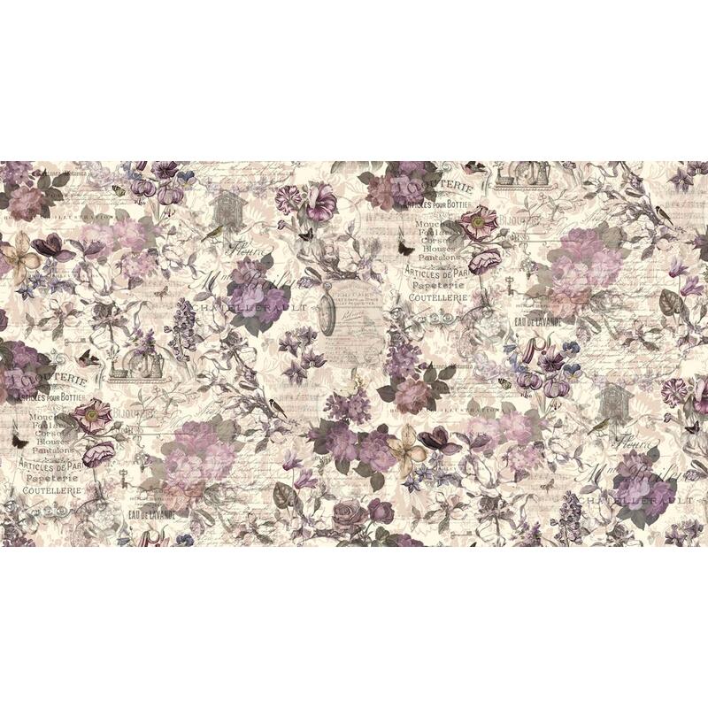 Cream multi-print fabric with a mix of Victorian springtime motifs, including florals, clocks, thematic text, and butterflies.
