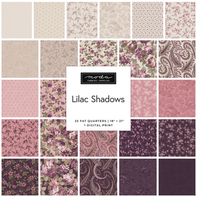 Fabric pack labeled “Lilac Shadows” with assorted purple floral and paisley prints.