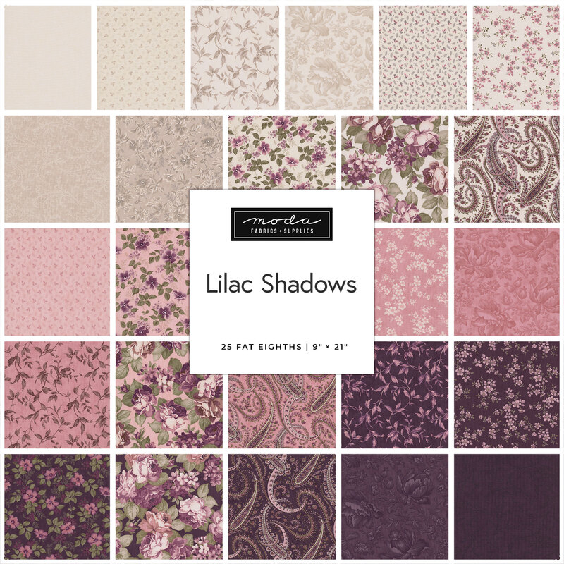 Pattern swatch pack for “Lilac Shadows” featuring pink and purple floral and paisley fabrics.