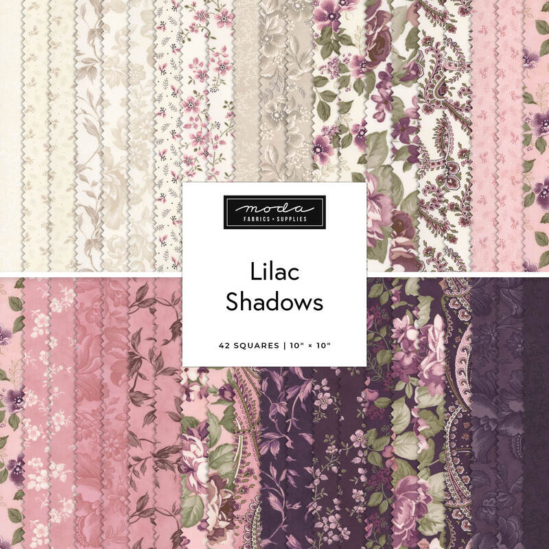 Fabric swatch bundle labeled “Lilac Shadows” in pink, purple, and cream floral patterns.