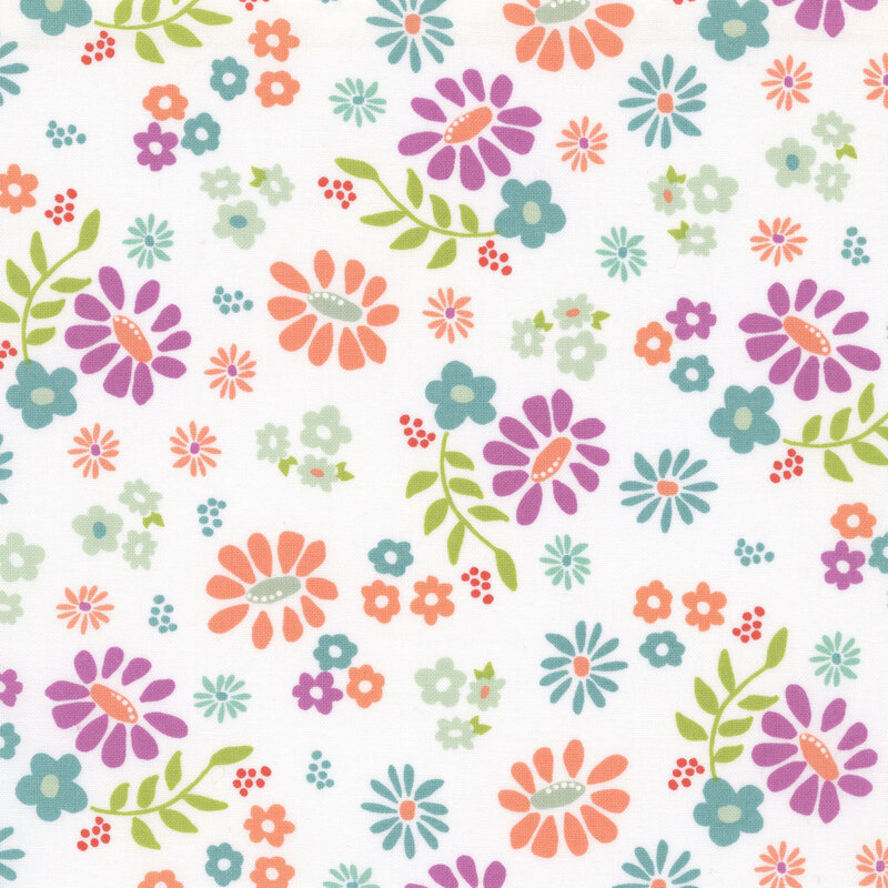 A white fabric with colorful, scattered florals.